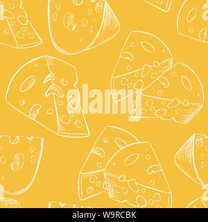 Cheese slices seamless pattern in cartoon style for game design, covering, wrapping and wallpapers for interior of food restaurant. Big pieces of maasdam or swiss type dairy product with holes. Stock Vector