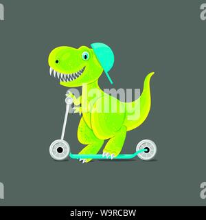 Dinosaur teen ride a scooter. Funny cartoon characters. Seamless pattern. Isolated on gray Stock Vector