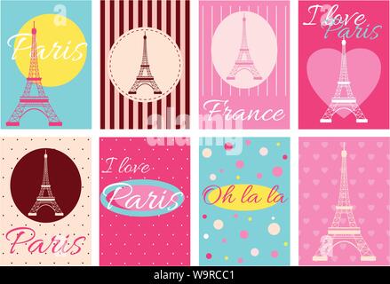 I love Paris. Set of vacation banner, flyer, placard in retro style with Eiffel tower and inscriptions. Vintage labels for scrapbooking. Vector templa Stock Vector