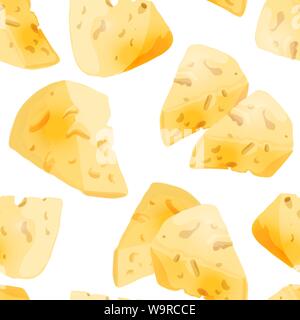 Cheese slices seamless pattern in cartoon style for game design, covering, wrapping and wallpapers for interior of food restaurant. Big pieces of maasdam or swiss type dairy product with holes. Stock Vector