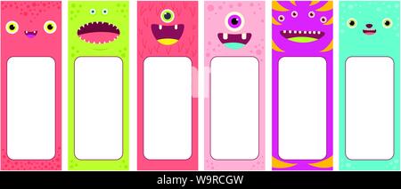 Set of memo pads with cute cartoon monsters faces. Labels for scrapbooking. Vector template card for greeting, decoration, congratulation, invitations Stock Vector