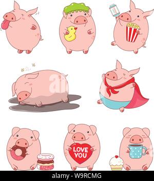 Set of cute pigs in kawaii style. Teases showing tongue, in superhero costume, with popcorn and ticket, sleeps in the mud, eats donut, drinks tea, wit Stock Vector