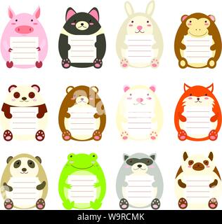 Set of cute animal memo pads with lines. Labels for scrapbooking. Vector template card for greeting, decoration, congratulation, invitation in retro p Stock Vector