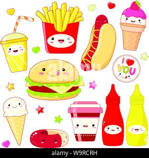 Set of cute fast food icon in kawaii style with smiling face and pink cheeks. Sticker with inscription I love you. Hamburger, donut, cups soda and cof Stock Vector