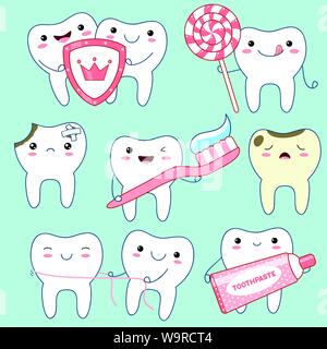 Set of cute funny teeth icons in kawaii style with smiling face and pink cheeks. Collection of illustrations on the topic of oral hygiene. EPS8 Stock Vector