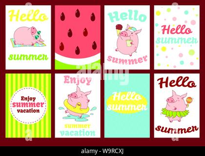 Hello summer. Set of summertime banner, posters, flyer, placard with cute pig and inscriptions. Sticker and label collection for scrapbooking. Vector Stock Vector