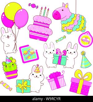 Set of cute Birthday party icons in kawaii style. Rabbit with gift and balloons, cake with candles, pinata, stack of gifts, candy, balloons, sticker w Stock Vector