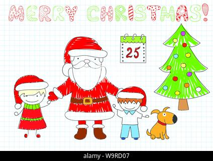 Two happy children and Santa Claus. Boy, girl, dog and Christmas tree. Sketch on notebook page in doodle style. EPS8 Stock Vector
