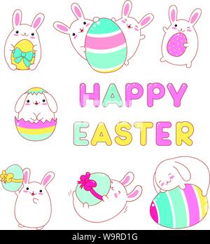 Set of cute rabbits with Easter eggs. Funny, happy, laughing, playing, running, with friend. Inscription "Happy Easter". EPS8 Stock Vector