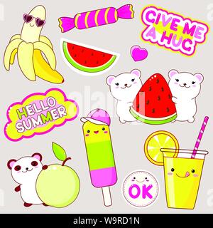 Set of cute icons in kawaii style. Panda with apple, polar bears with watermelon, ice cream, banana in sunglasses, candy, glass of juice, sticker with Stock Vector