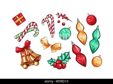 Holiday Xmas party toys vector decoration objects set. Cartoon red color gift box, round bells. Holli Ilex berries and leaves, candy canes. Christmas greeting card, poster design. New Year symbols Stock Vector
