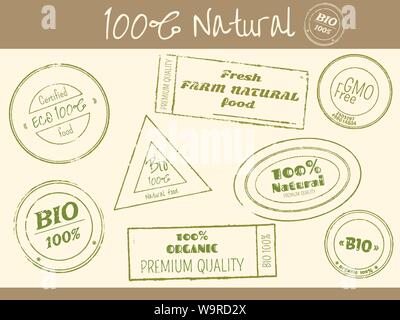 Set of rubber stamps print in retro style with letterings for farm food shops. Eco and bio concept. Inscriptions 100% natural, premium quality, certif Stock Vector