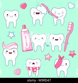 Set of cute funny teeth icons in kawaii style with smiling face and pink cheeks. Collection of illustrations on the topic of oral hygiene. EPS8 Stock Vector