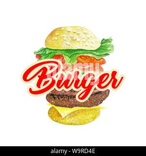 Burger Classic Isolated Vector. Hamburger or American Cheeseburger with Lettuce Tomato Cheese And Beef Raster Illustration with Lettering. Fast Food Meal Concept. Amazing Sandwich King Size. Stock Vector