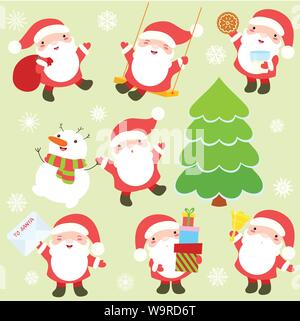 Set of cute Santa Clauses with different emotions and situations. Funny, happy, laughing, playing, jumping, with presents, riding a swing, with snowma Stock Vector