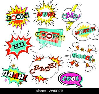 Set of comic speech bubble with inscription: boom, wow, what, bang, omg, aah, boom, crash, hi, cool. Collection of vector cartoon explosions and cloud Stock Vector