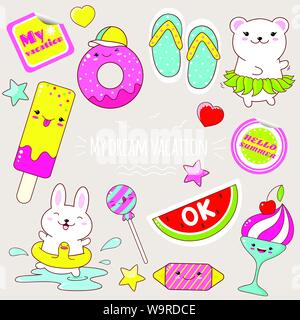 Set of cute icons in kawaii style. Bunny with lifebuoy, polar bear in a skirt made of leaves, donut, ice cream, candy, flip flops, sticker with inscri Stock Vector