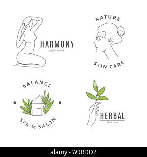 Spa salon logo templates with body and nature line art. Stock Vector