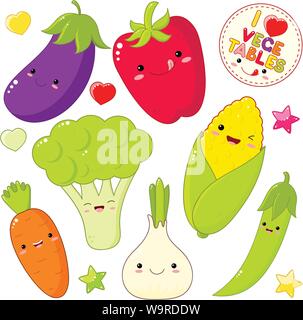 Set of cute vegetable icons in kawaii style with smiling face and pink cheeks. Sticker with inscription I love vegetables. Onion, carrot, pepper, eggp Stock Vector