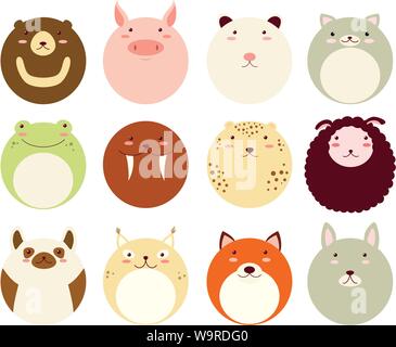 Collection of round avatars icons with faces of cute animals. Vector icons set in flat style. EPS8 Stock Vector