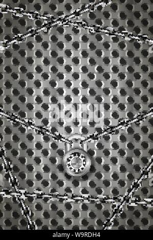 Glossy silver metal chains with round code padlock on metal round grid, vertical industrial background Stock Vector