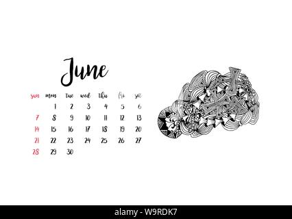 Monthly desk calendar horizontal template 2020 for month June. Week starts Sunday Stock Vector