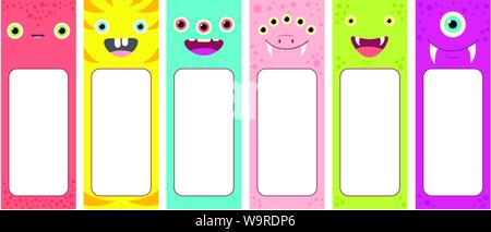 Set of memo pads with cute cartoon monsters faces. Labels for scrapbooking. Vector template card for greeting, decoration, congratulation, invitations Stock Vector
