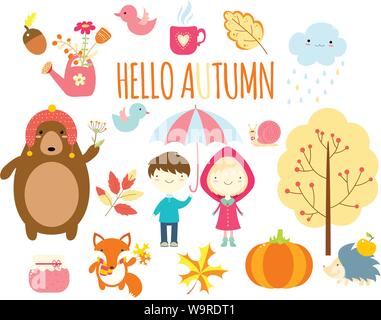 Hello autumn. Set of cute forest animals and children in hand drawn style. Boy with umbrella, girl in a raincoat, bear, fox, hedgehog, pumpkin, yellow Stock Vector