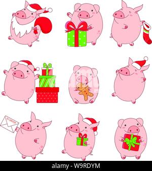 Set of cute pigs in kawaii style. With gifts, in Santa Claus costume, with letter, sock, eat ginger cookie, in red hat. EPS8 Stock Vector