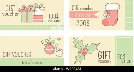 Set of horizontal Christmas gift voucher, label, coupon, sticker in retro romantic style. In green, red and beige pastel colors. Template for decorati Stock Vector