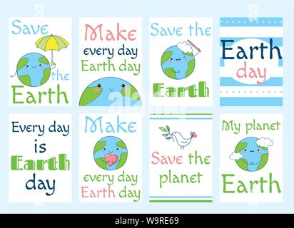 Set of Earth day banners, labels, flyers, stickers, placards with cute planet in kawaii style and inscriptions. Vector template card for greeting, dec Stock Vector