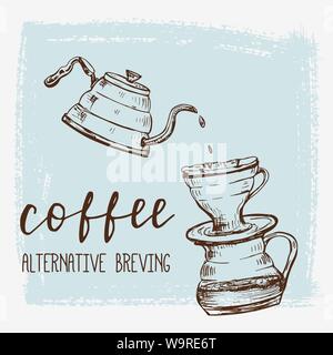 Poster template with hand drawn coffee brewing process. Stock Vector