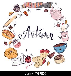 Autumn frame template with hand drawn cozy elements Stock Vector