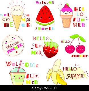 Hello summer. Set of summertime icons with cute fruits, ice creams and inscriptions. Sticker and label collection for scrapbooking. Vector template fo Stock Vector