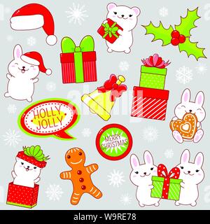 Set of cute Christmas icons in kawaii style. Rabbit and polar bear with gift, bell, stack of gifts, holly berries, Santa's hat, snowflakes, gingerbrea Stock Vector