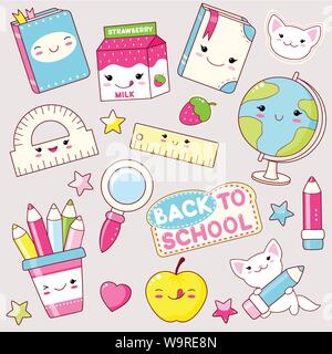 Back to school. Vector set of education icons in kawaii style. Cat with pencil, globe, book, diary, pencil, apple, ruler, package of milk, loupe, labe Stock Vector