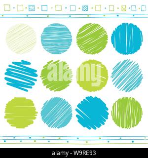 Vector collection of retro scribbled circular lines with hand drawn style of green  and blue color. EPS8 Stock Vector