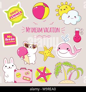 Set of cute icons in kawaii style. Bunny with suitcase, polar bear with ice cream, whale, palm, sun and cloud, ball, starfish, sticker with inscriptio Stock Vector