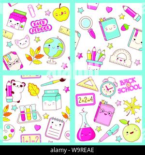 Set of different vector seamless retro patterns (tiling) with cute animals in kawaii style. Endless texture can be used for pattern fills, web page ba Stock Vector