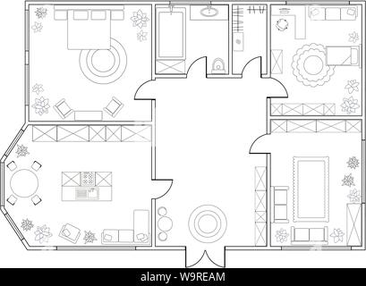 Abstract vector plan of two-bedroom apartment, with kitchen, bathroom,  bedroom, living room, dining room, library. EPS8 Stock Vector