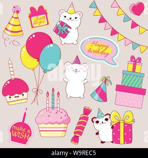 Set of cute Birthday party icons in kawaii style. Polar bear and panda with gift, cake with candles, flags, stack of gifts, candy, balloons, sticker Stock Vector