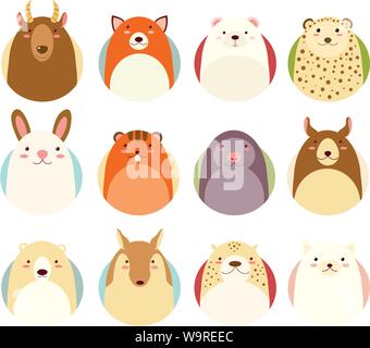 Set of avatars icons in naive hand drawn style with cute animals in retro pastel colors. EPS8 Stock Vector