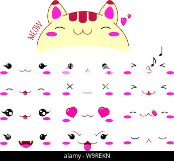 Cute funny cats set various emotions. Kawaii style emoticon icon set with pink cheeks and winking eyes. EPS8 Stock Vector