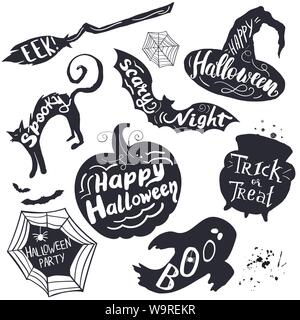 Set of Halloween lettering on silhouette symbols Stock Vector