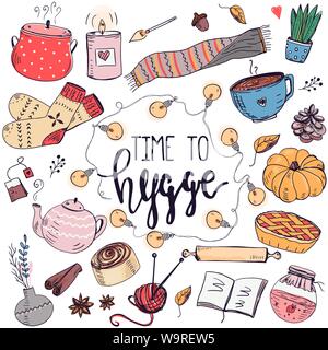 Set of hand drawn cute elements for making cosy mood. Stock Vector