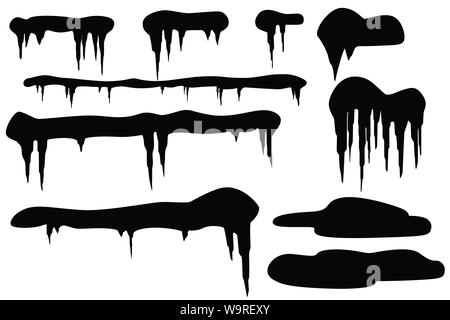 Black silhouette set of snow icicles and snow caps winter elements flat vector illustration isolated on white background. Stock Vector