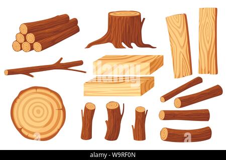 Set of wood logs for lumber industry with trunks stump and planks flat vector illustration isolated on white background. Stock Vector