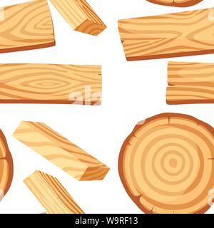 Seamless pattern with wood logs for lumber industry with trunks stump and planks flat vector illustration on white background. Stock Vector