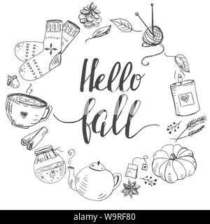 Autumn template with hand drawn cozy elements like candle, tea pot, socks and other Stock Vector