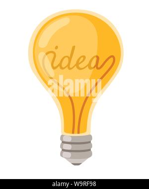 Flat cartoon incandescent lamp yellow retro light bulb with IDEA concept vector illustration isolated on white background. Stock Vector